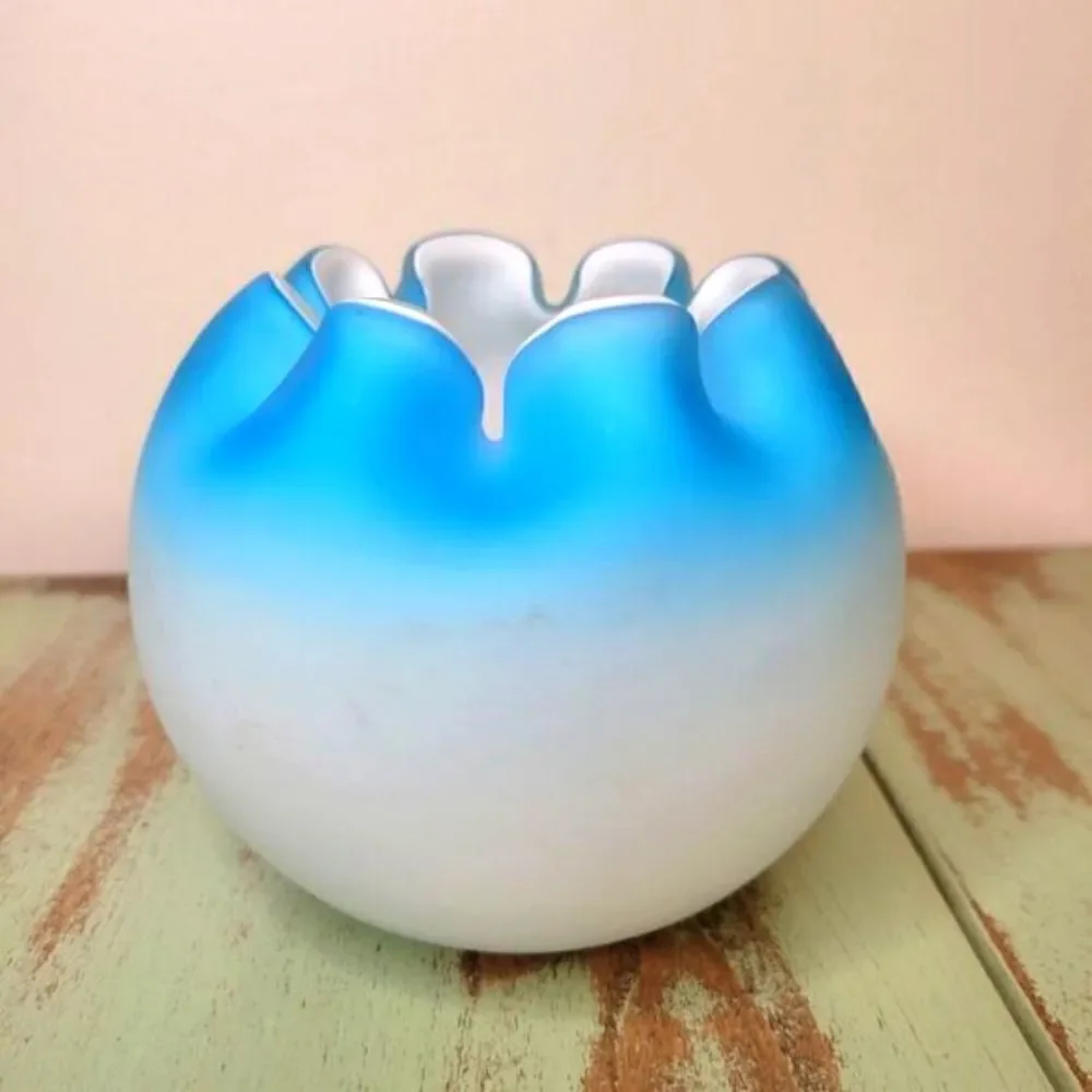 Fenton Blue Satin Glass Crimmped Ruffle Edge MCM Art Glass Bowl